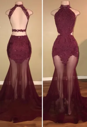 High-Neck Mermaid Tulle Lace Burgundy Prom Dresses
