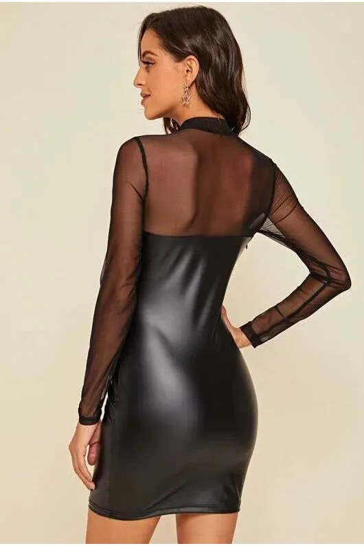 High Neck Sheer Mesh Insert PU Dress