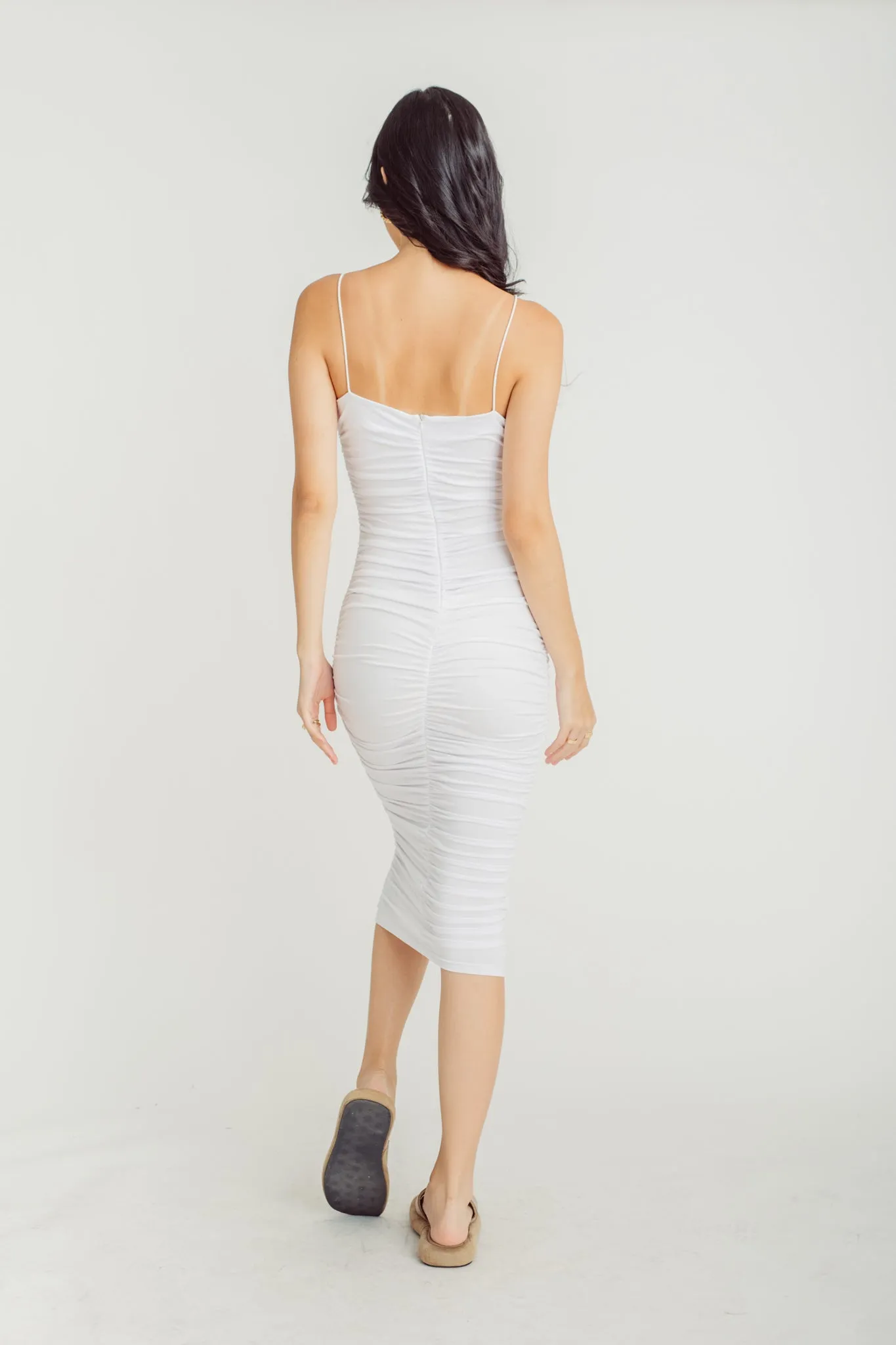 Ivona White Sleeveless Spaghetti Strap Ruched Bodycon Sexy Midi Dress