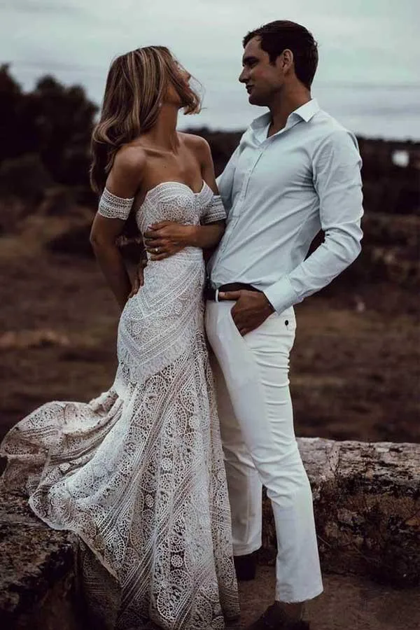 Ivory Lace Sheath Sweetheart Neck Boho Beach Wedding Dresses