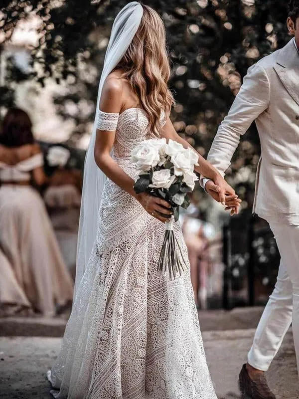 Ivory Lace Sheath Sweetheart Neck Boho Beach Wedding Dresses