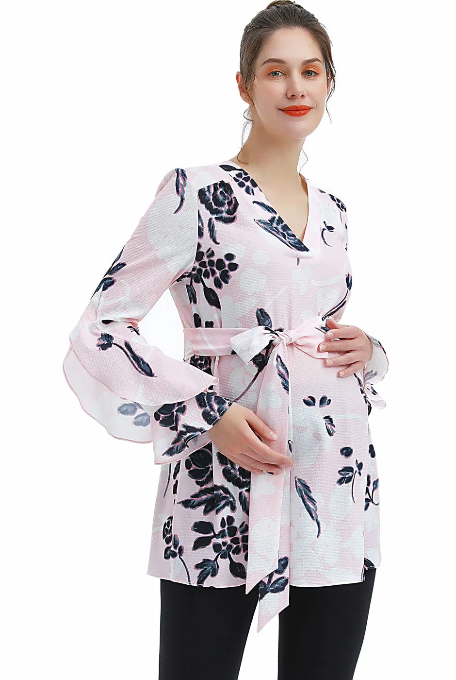 Kimi   Kai Maternity "Kay" V-Neck Belted Blouse