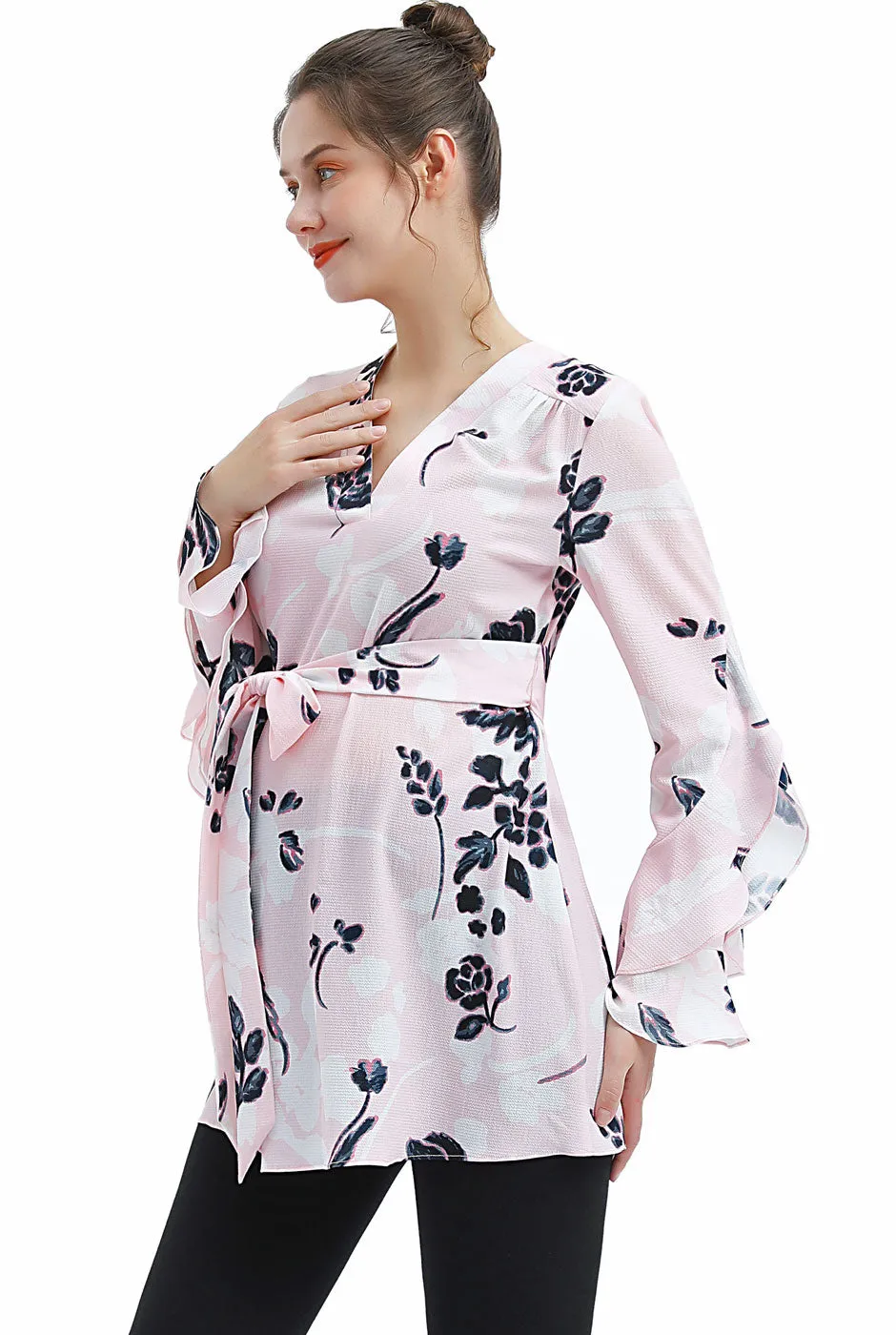 Kimi   Kai Maternity "Kay" V-Neck Belted Blouse