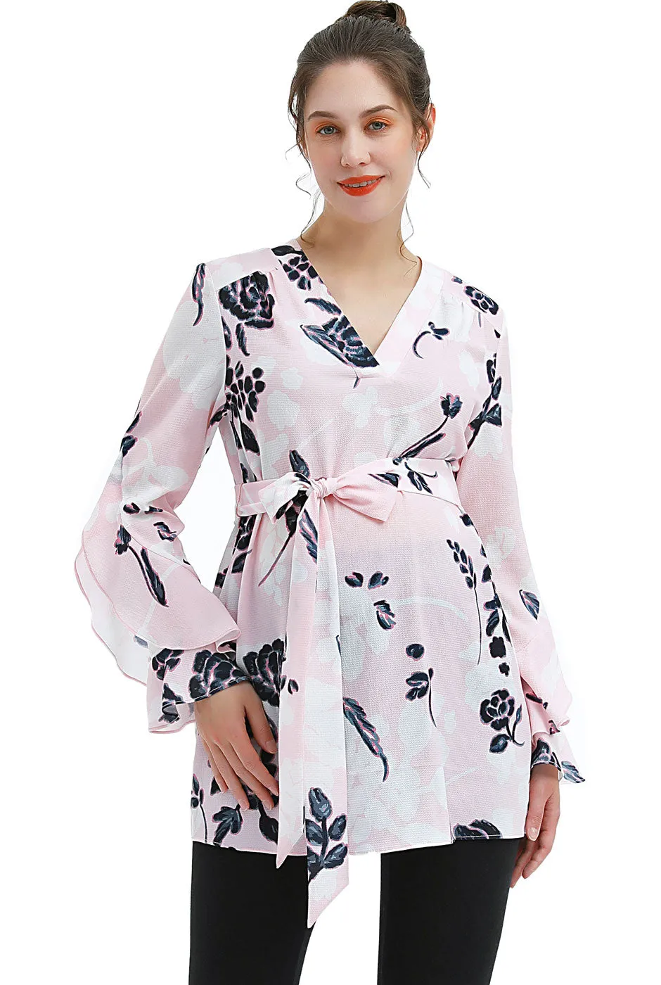 Kimi   Kai Maternity "Kay" V-Neck Belted Blouse