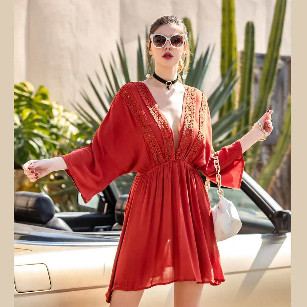 KittenAlarm - Women Deep V-Neck Boho Dress Solid High Waist Midi Dress 3/4 Sleeve