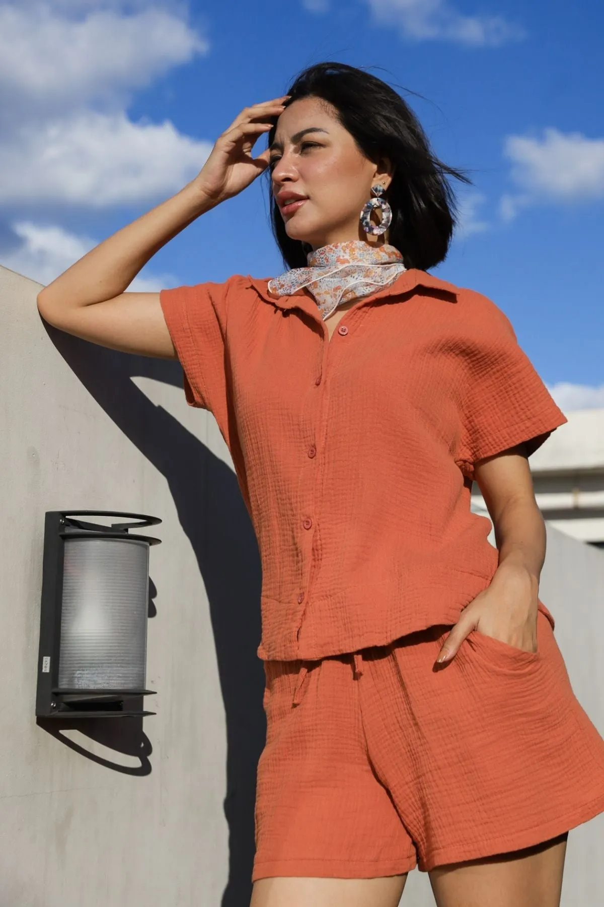 KYLIE Cotton Shirt & Shorts Co-ord (Dusty Orange)