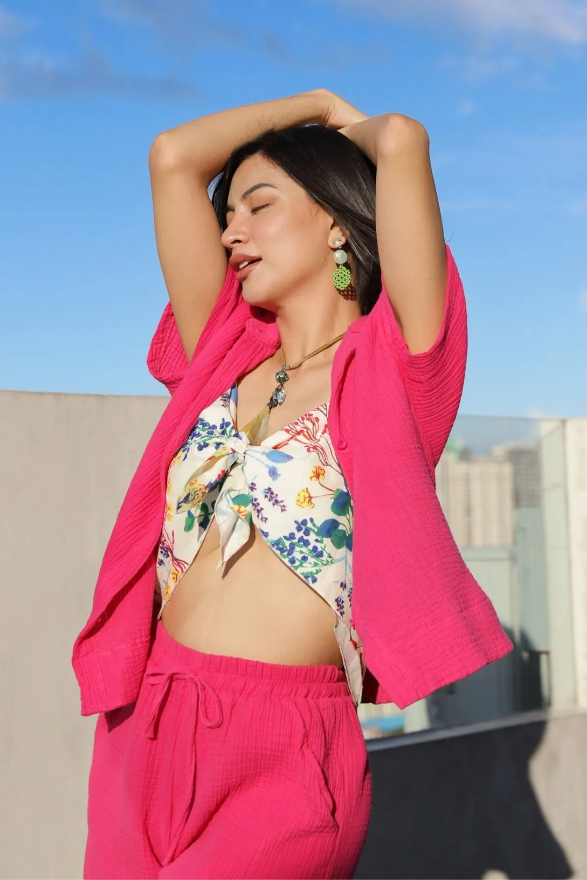 KYLIE Cotton Shirt & Shorts Co-ord (Fuchsia Pink)