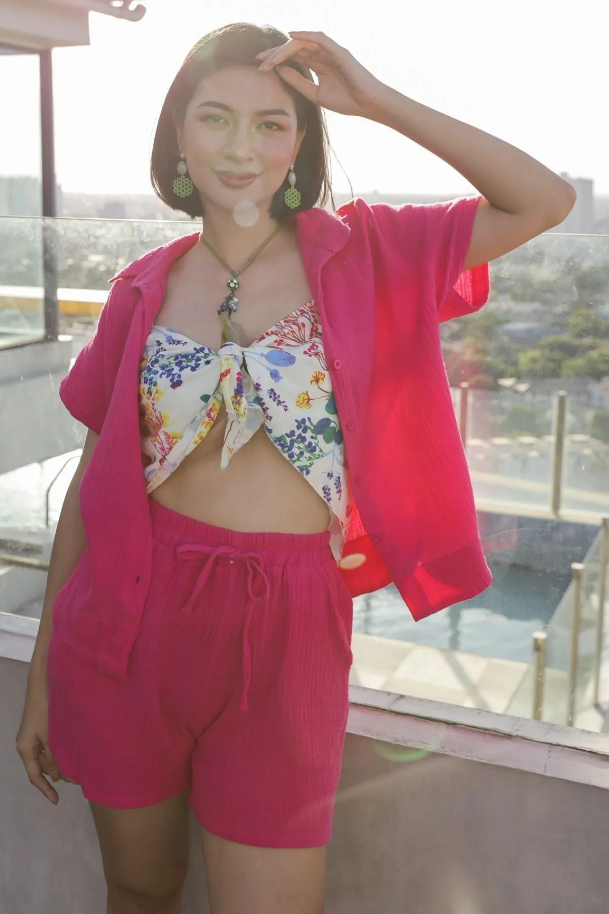 KYLIE Cotton Shirt & Shorts Co-ord (Fuchsia Pink)