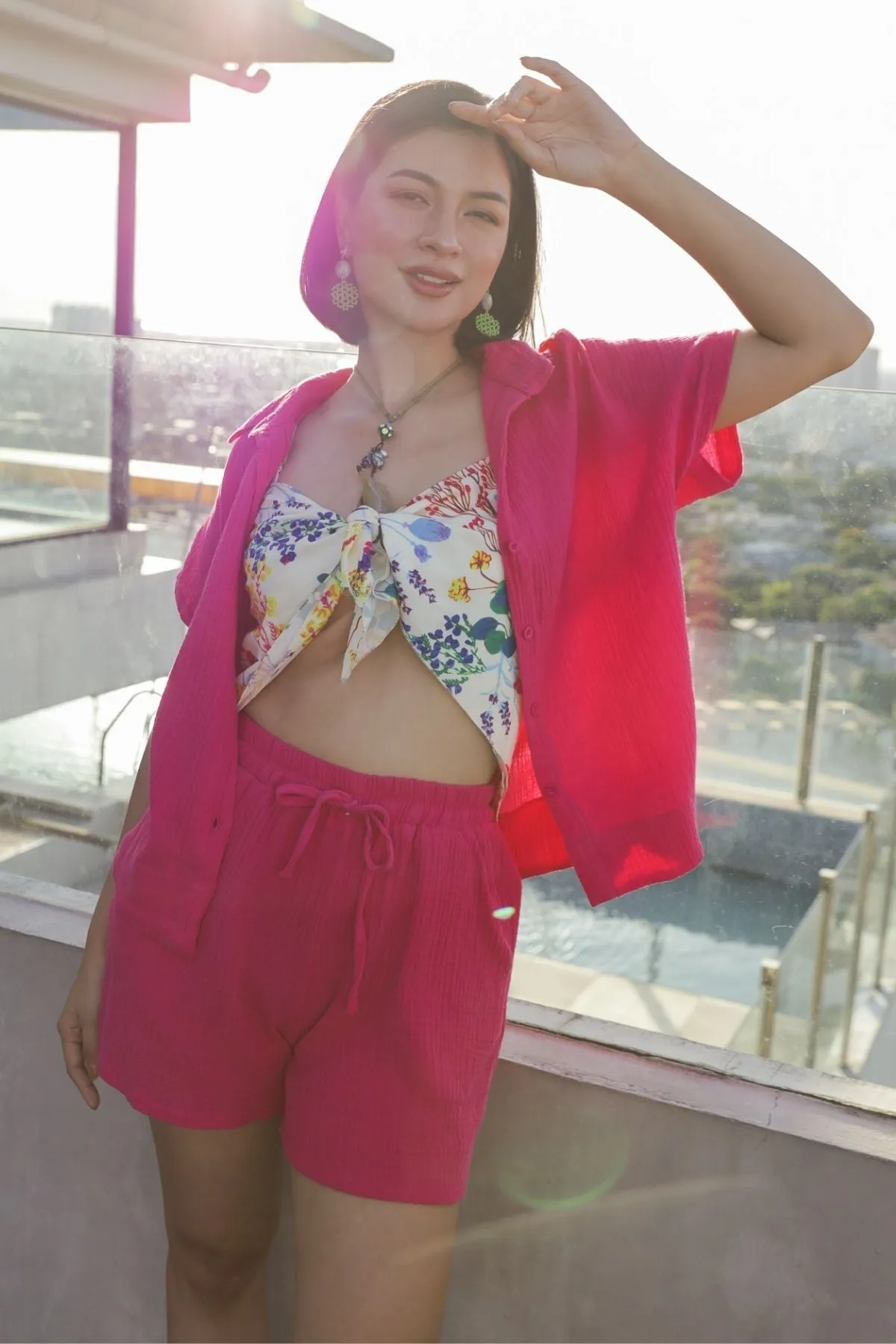 KYLIE Cotton Shirt & Shorts Co-ord (Fuchsia Pink)