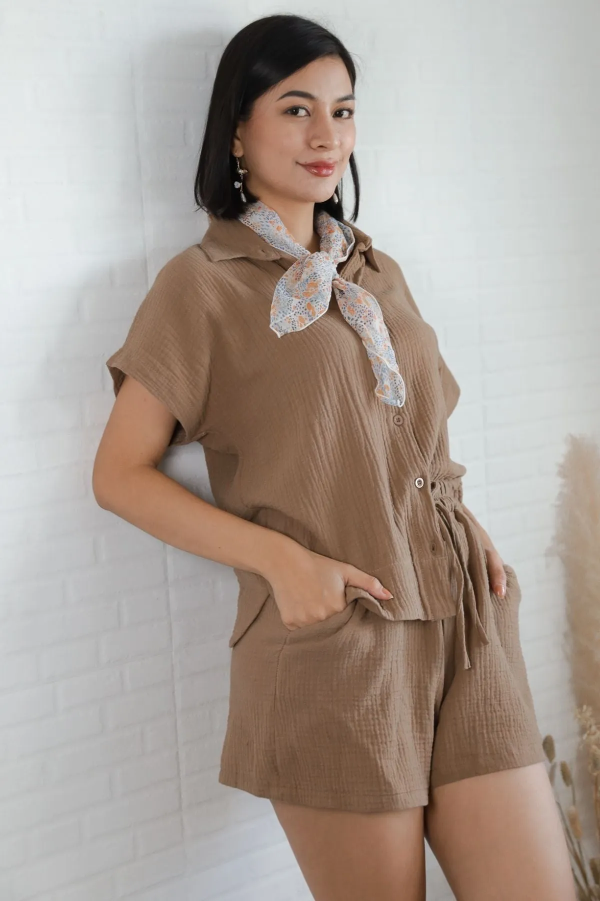 KYLIE Cotton Shirt & Shorts Co-ord (Mocha Brown)