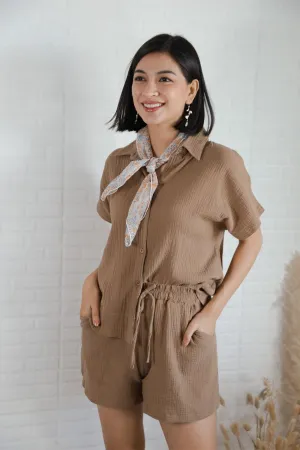 KYLIE Cotton Shirt & Shorts Co-ord (Mocha Brown)