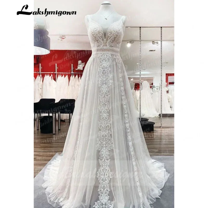 Lakshmigown A Line Boho Wedding Dress Spaghetti Straps Lace Tulle V Neck Sleeveless Open Back Vestidos de Fiesta