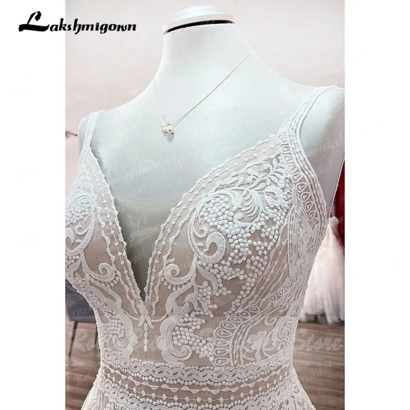Lakshmigown A Line Boho Wedding Dress Spaghetti Straps Lace Tulle V Neck Sleeveless Open Back Vestidos de Fiesta