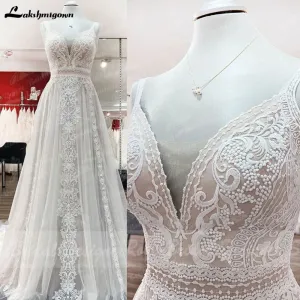 Lakshmigown A Line Boho Wedding Dress Spaghetti Straps Lace Tulle V Neck Sleeveless Open Back Vestidos de Fiesta