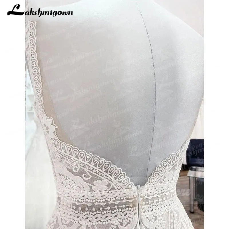 Lakshmigown A Line Boho Wedding Dress Spaghetti Straps Lace Tulle V Neck Sleeveless Open Back Vestidos de Fiesta