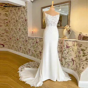 Lakshmigown Boho Mermaid Wedding Dress For Women Sexy Scoop Neck Spaghetti Straps Backless Button Lace Appliques Bride Gown
