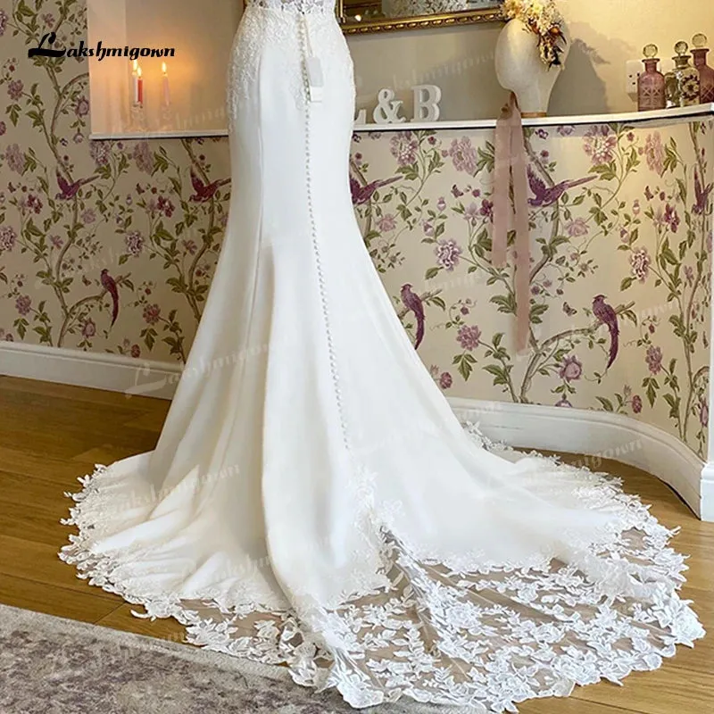 Lakshmigown Boho Mermaid Wedding Dress For Women Sexy Scoop Neck Spaghetti Straps Backless Button Lace Appliques Bride Gown