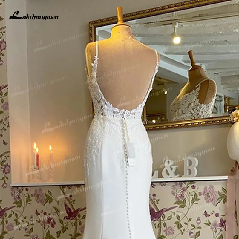Lakshmigown Boho Mermaid Wedding Dress For Women Sexy Scoop Neck Spaghetti Straps Backless Button Lace Appliques Bride Gown