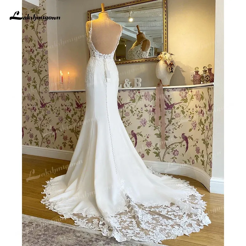 Lakshmigown Boho Mermaid Wedding Dress For Women Sexy Scoop Neck Spaghetti Straps Backless Button Lace Appliques Bride Gown