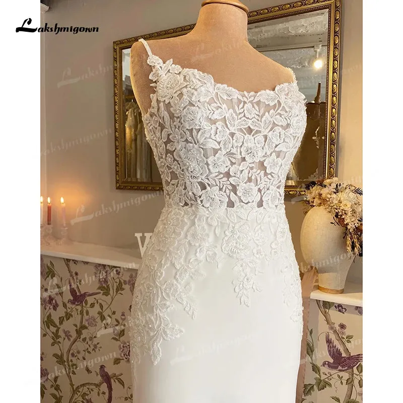 Lakshmigown Boho Mermaid Wedding Dress For Women Sexy Scoop Neck Spaghetti Straps Backless Button Lace Appliques Bride Gown