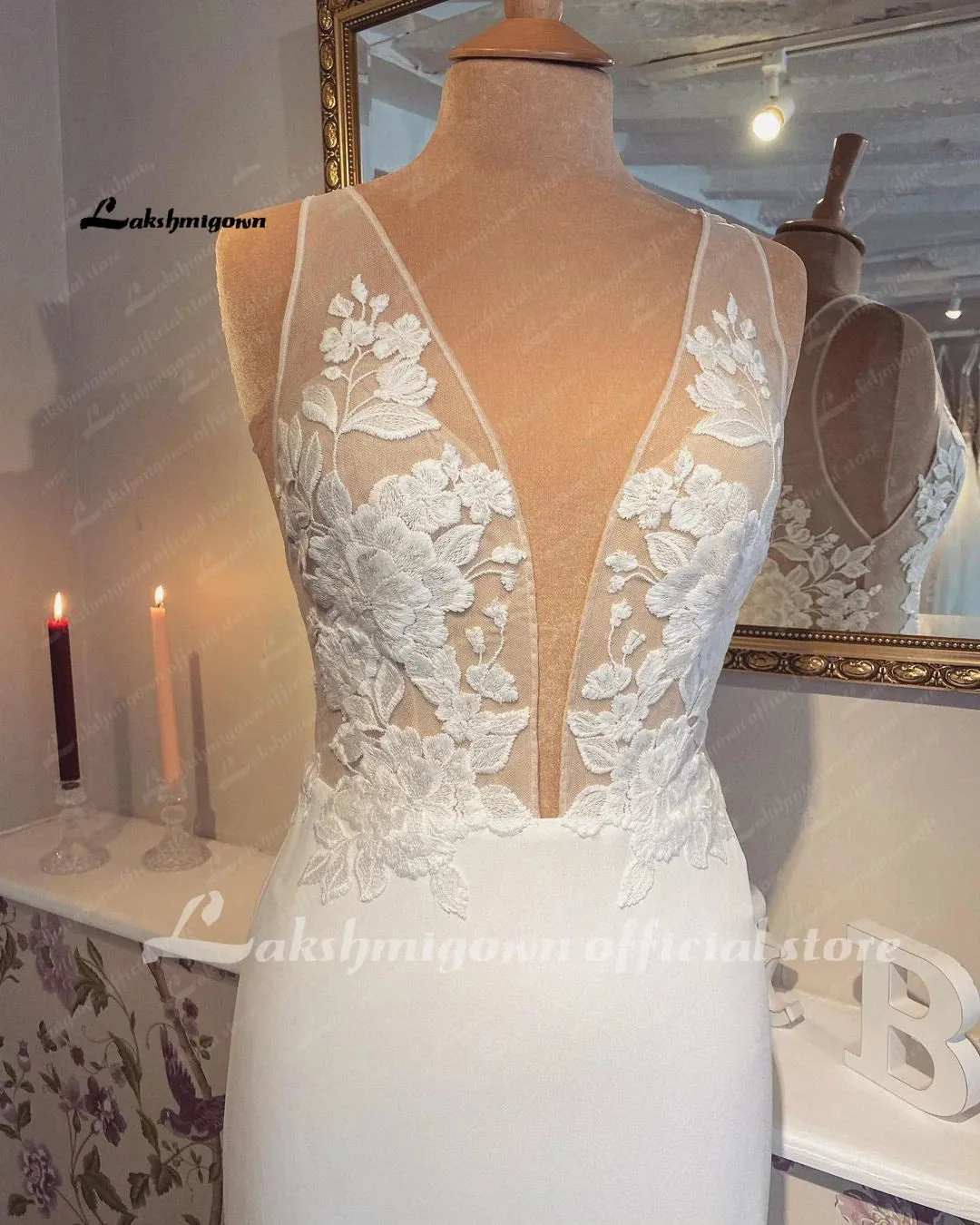 Lakshmigown Mermaid/Trumpet Deep V Neck Lace Wedding Gowns 2023 Soft Satin Boho Wedding Dresses Open Back vestidos de novia