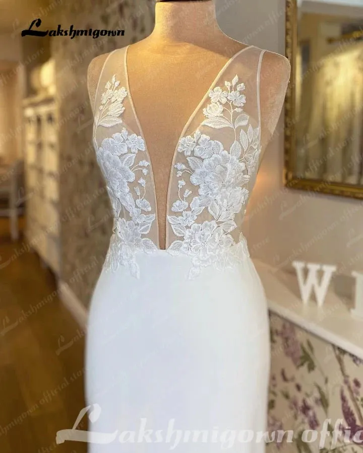 Lakshmigown Mermaid/Trumpet Deep V Neck Lace Wedding Gowns 2023 Soft Satin Boho Wedding Dresses Open Back vestidos de novia