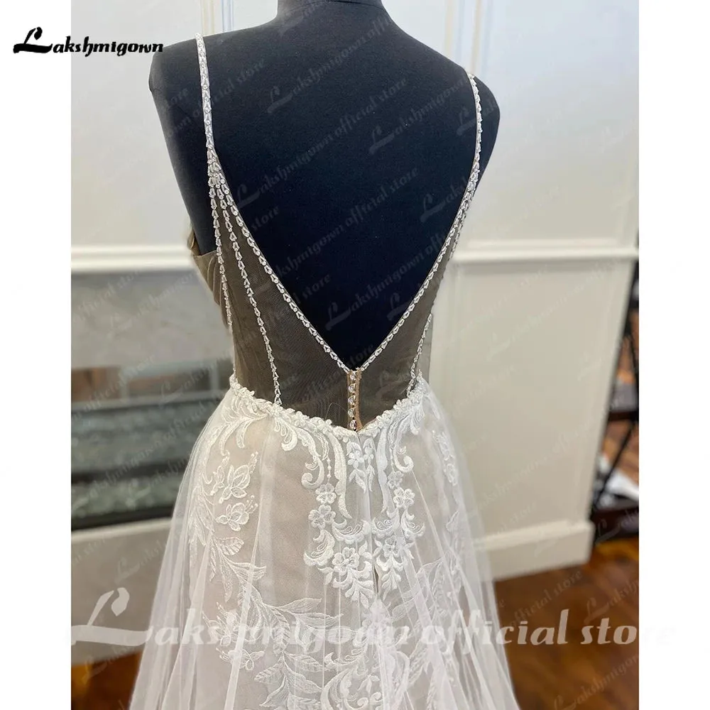 Lakshmigown Spaghetti Straps A Line Tulle Wedding Dress For Women 2023 Sexy Bridal Boho Beach Wedding Gowns Lace Backless