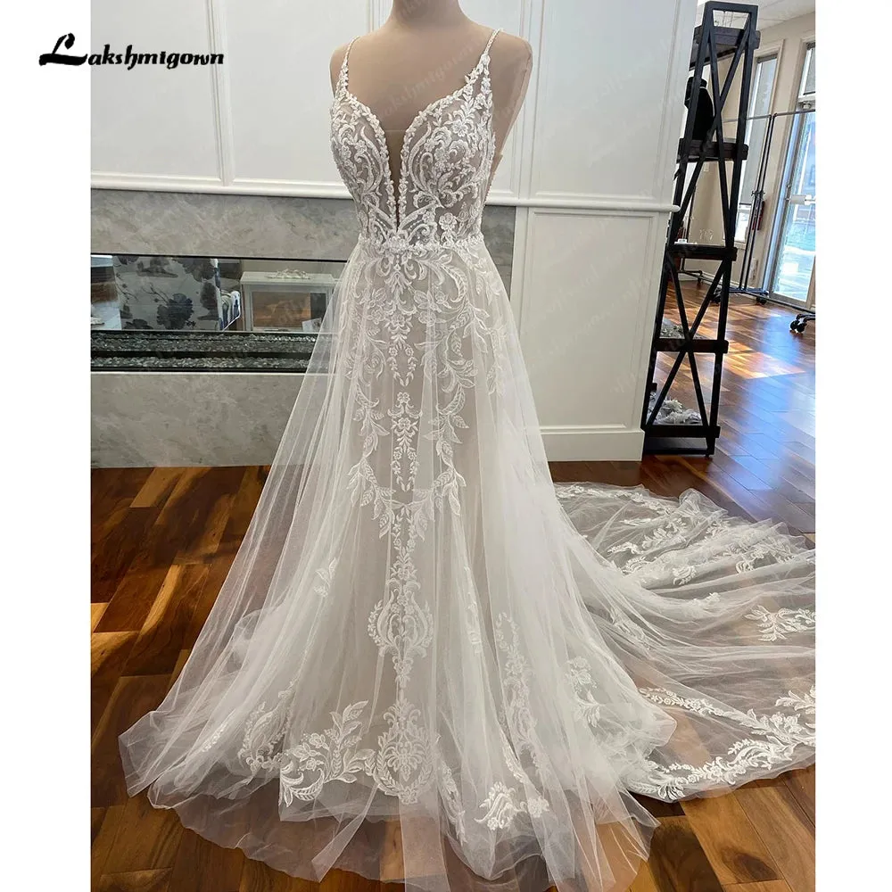 Lakshmigown Spaghetti Straps A Line Tulle Wedding Dress For Women 2023 Sexy Bridal Boho Beach Wedding Gowns Lace Backless