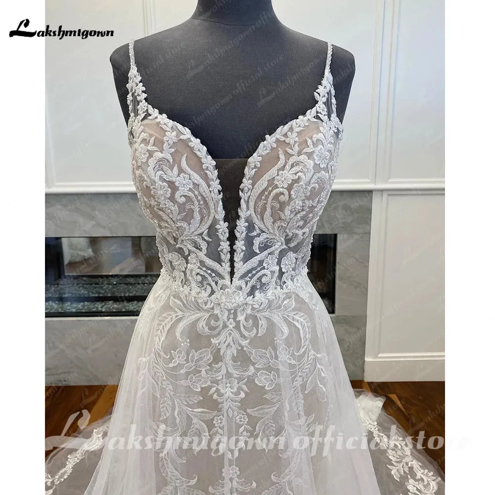 Lakshmigown Spaghetti Straps A Line Tulle Wedding Dress For Women 2023 Sexy Bridal Boho Beach Wedding Gowns Lace Backless