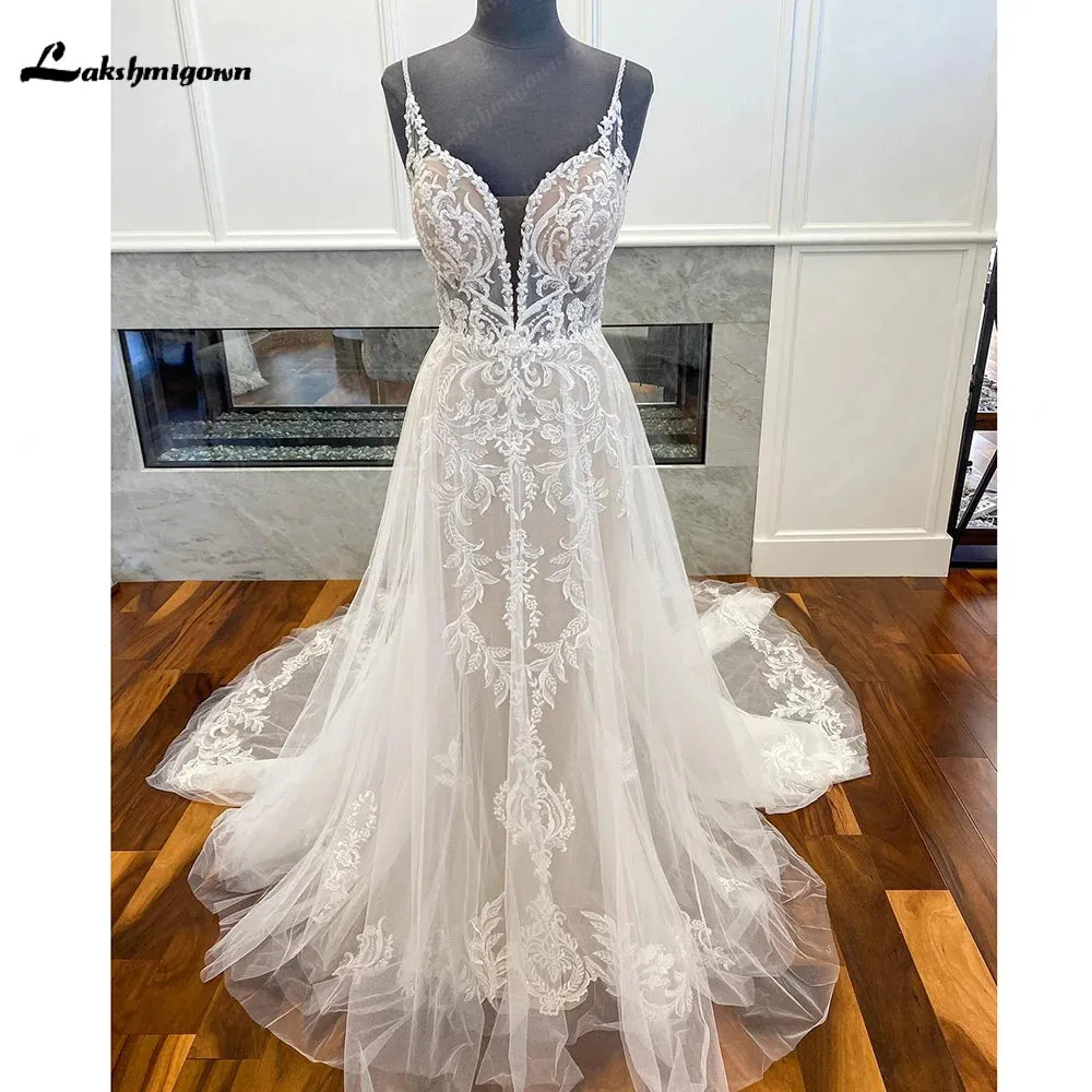 Lakshmigown Spaghetti Straps A Line Tulle Wedding Dress For Women 2023 Sexy Bridal Boho Beach Wedding Gowns Lace Backless