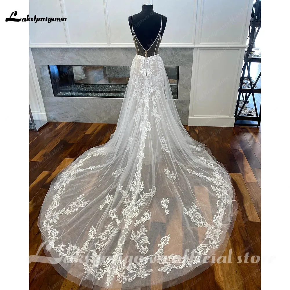 Lakshmigown Spaghetti Straps A Line Tulle Wedding Dress For Women 2023 Sexy Bridal Boho Beach Wedding Gowns Lace Backless