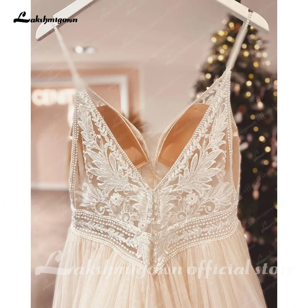 Lakshmigown Spaghetti Straps Champagne Boho Wedding Dress For Women 2023 Vestido Civil Bridal Church Wedding Gowns suknie slubne