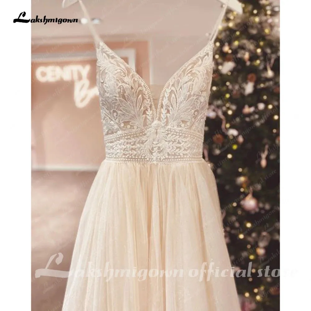 Lakshmigown Spaghetti Straps Champagne Boho Wedding Dress For Women 2023 Vestido Civil Bridal Church Wedding Gowns suknie slubne