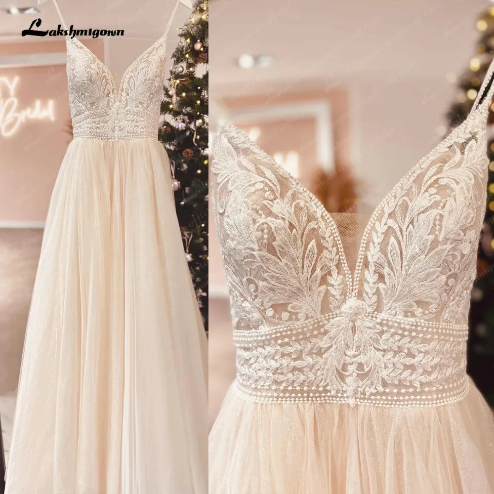 Lakshmigown Spaghetti Straps Champagne Boho Wedding Dress For Women 2023 Vestido Civil Bridal Church Wedding Gowns suknie slubne