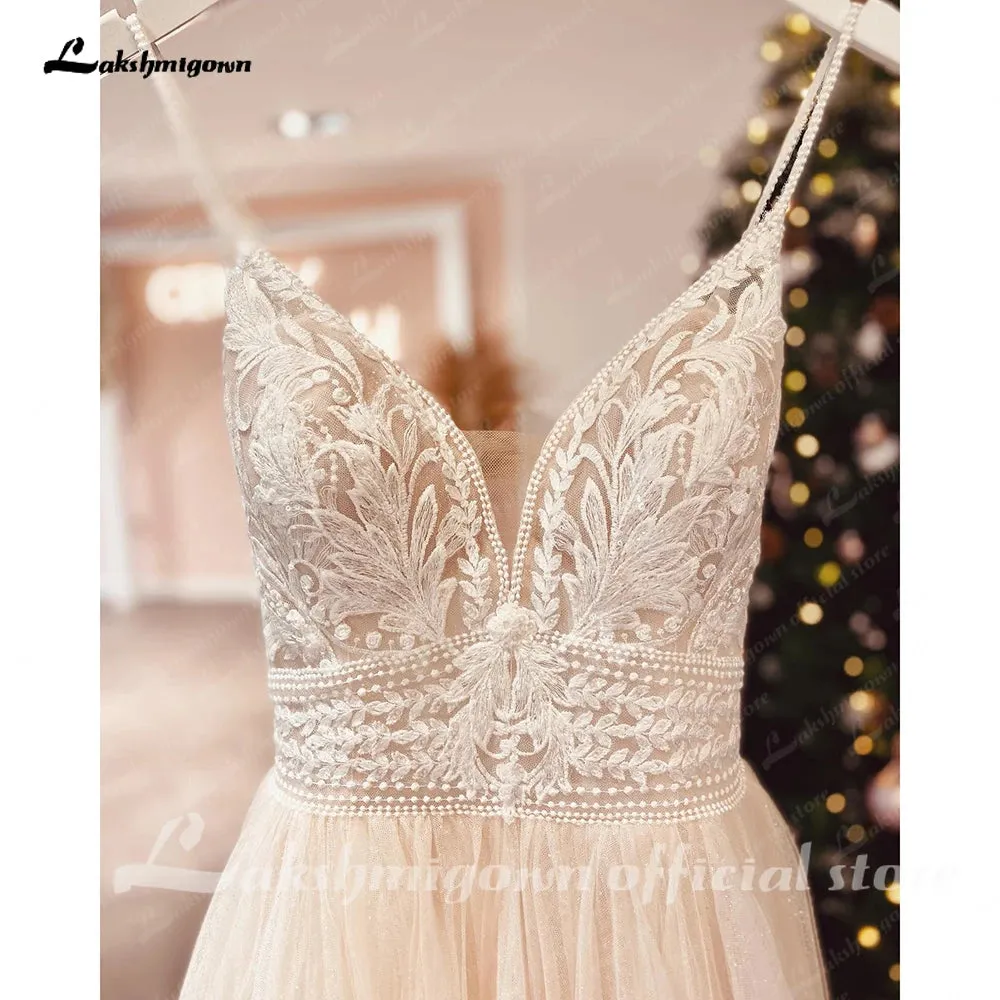 Lakshmigown Spaghetti Straps Champagne Boho Wedding Dress For Women 2023 Vestido Civil Bridal Church Wedding Gowns suknie slubne