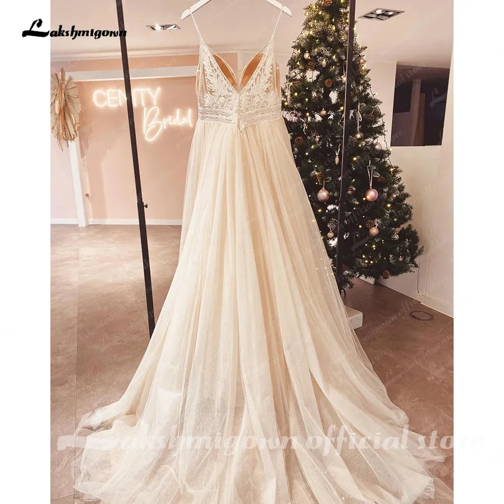 Lakshmigown Spaghetti Straps Champagne Boho Wedding Dress For Women 2023 Vestido Civil Bridal Church Wedding Gowns suknie slubne