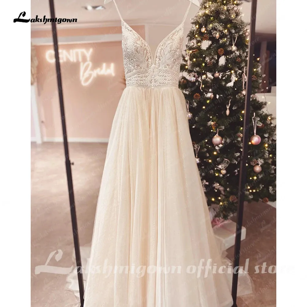 Lakshmigown Spaghetti Straps Champagne Boho Wedding Dress For Women 2023 Vestido Civil Bridal Church Wedding Gowns suknie slubne