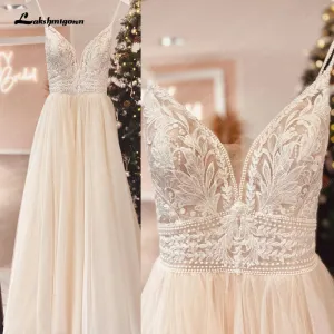 Lakshmigown Spaghetti Straps Champagne Boho Wedding Dress For Women 2023 Vestido Civil Bridal Church Wedding Gowns suknie slubne