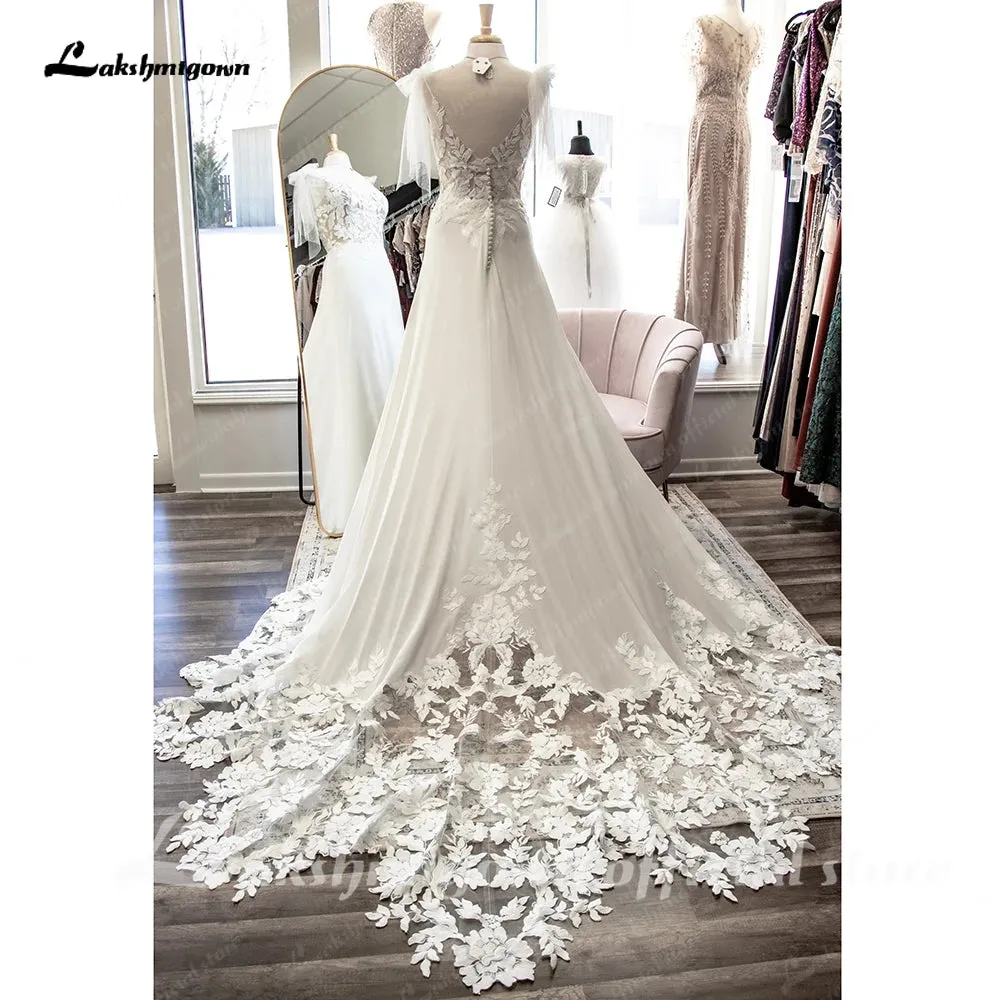 Lakshmigown V Neck Lace Appliques A Line Chiffon Open Back Boho Wedding Dress 2024 Sleeveless Cut-out trajes de novias largos