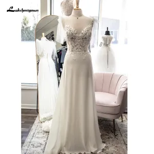 Lakshmigown V Neck Lace Appliques A Line Chiffon Open Back Boho Wedding Dress 2024 Sleeveless Cut-out trajes de novias largos