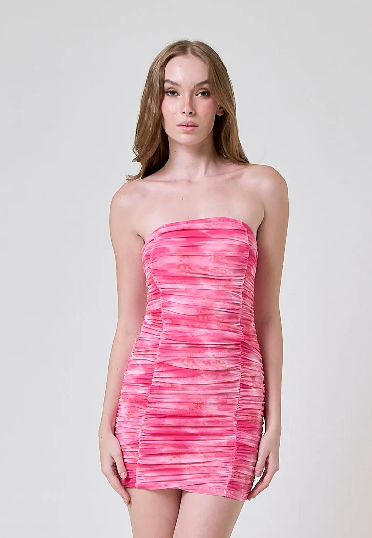 Letizia Pink Tie Dye Pleated Bodycon Tube Mini Dress