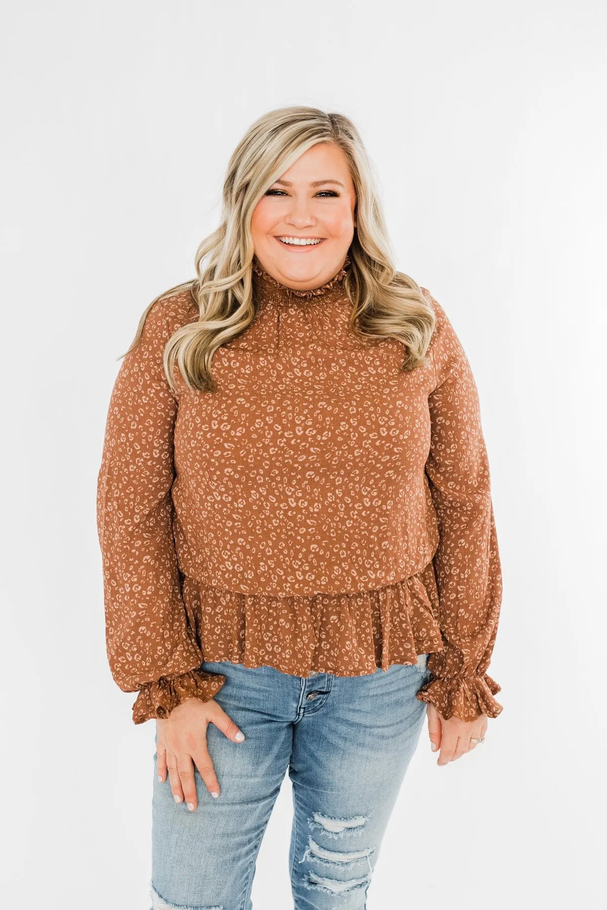 Life Is Good Leopard Cinched Blouse- Brown