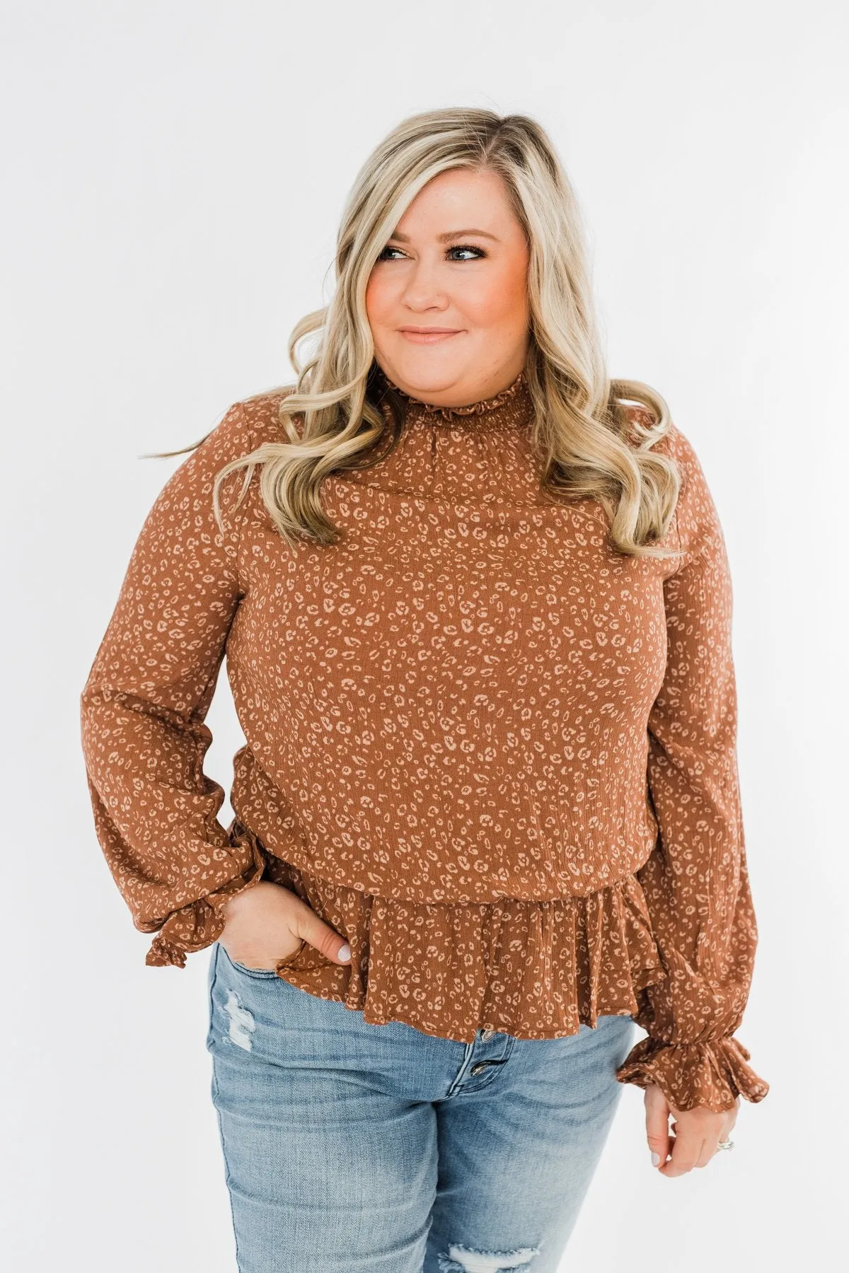 Life Is Good Leopard Cinched Blouse- Brown