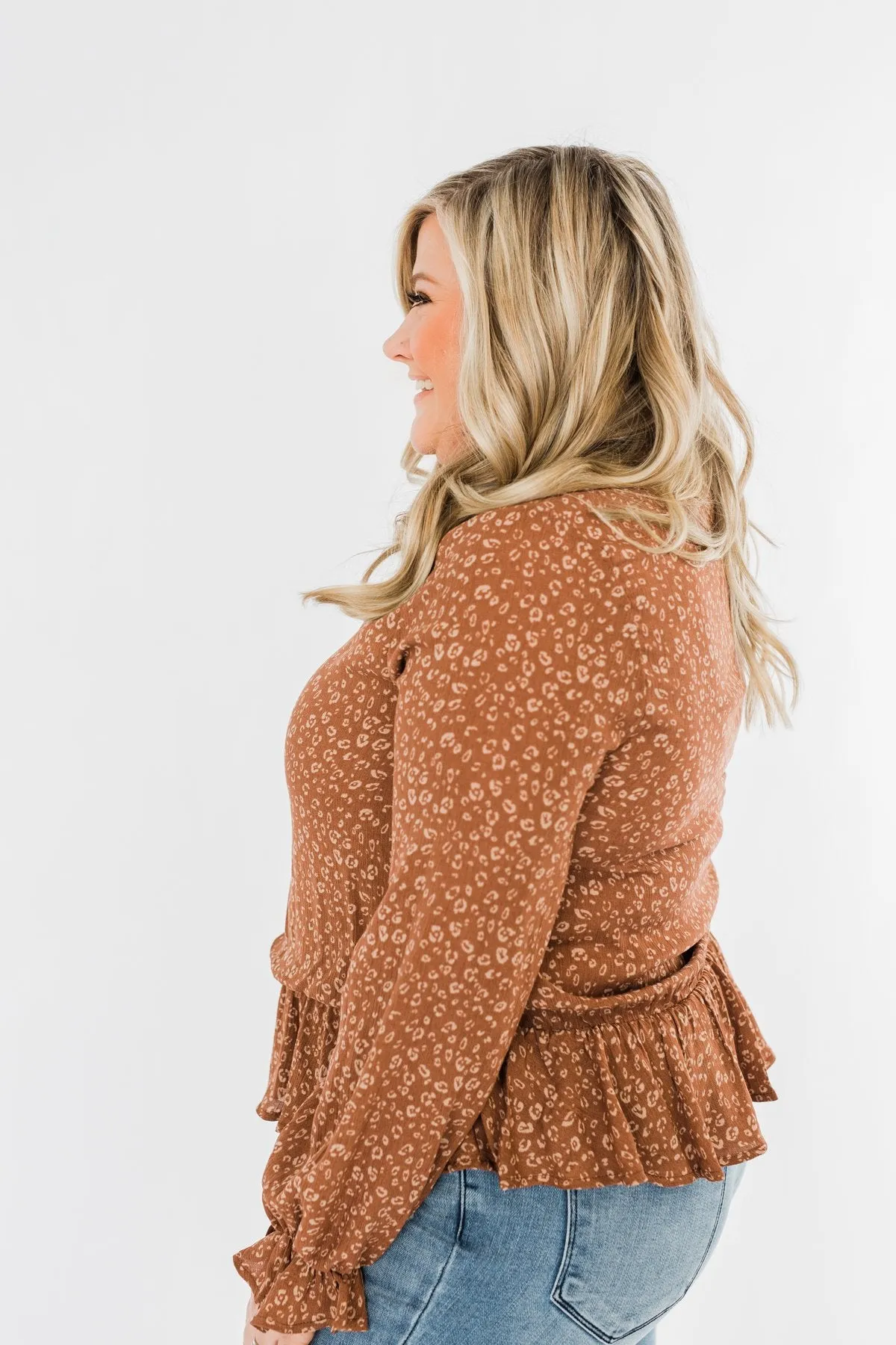 Life Is Good Leopard Cinched Blouse- Brown