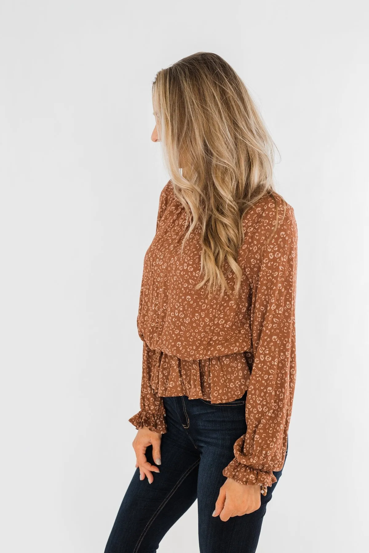 Life Is Good Leopard Cinched Blouse- Brown