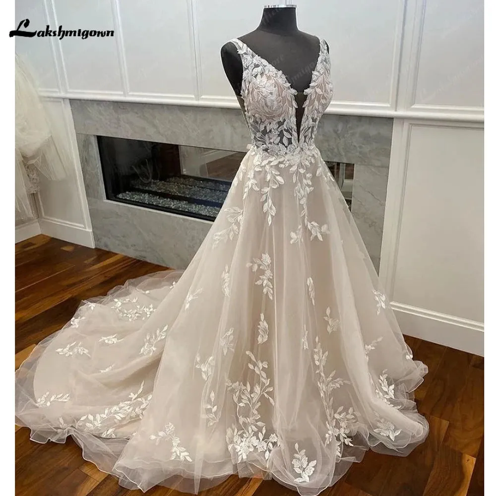 Light Champagne Boho Wedding Dress 2023 Lace Appliques Tulle Long Bridal Beach Wedding Gowns vestido de casamento princesa