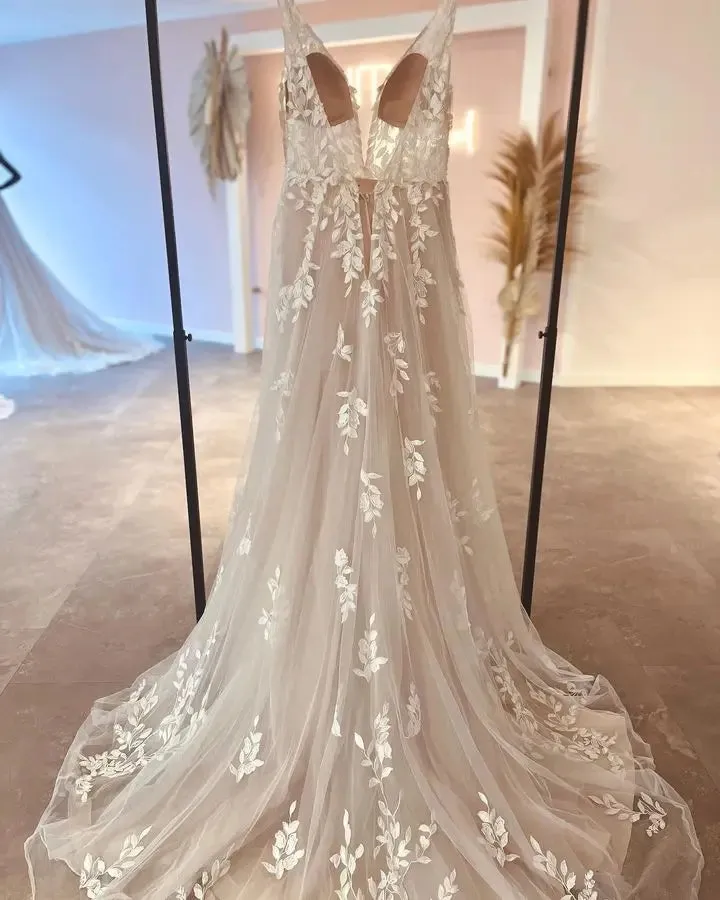 Light Champagne Boho Wedding Dress 2023 Lace Appliques Tulle Long Bridal Beach Wedding Gowns vestido de casamento princesa