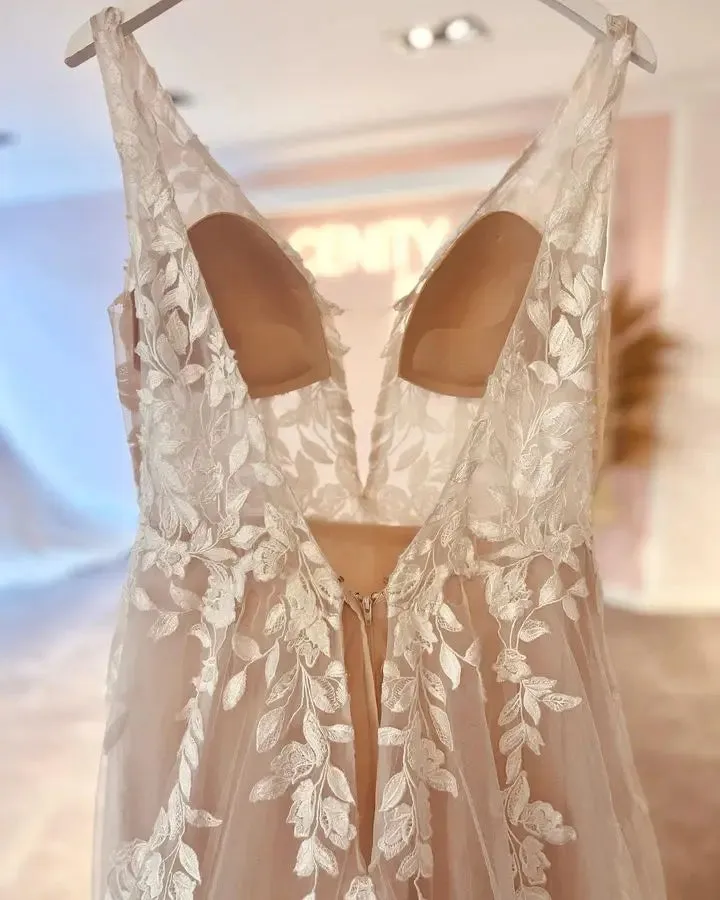 Light Champagne Boho Wedding Dress 2023 Lace Appliques Tulle Long Bridal Beach Wedding Gowns vestido de casamento princesa