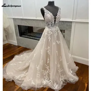 Light Champagne Boho Wedding Dress 2023 Lace Appliques Tulle Long Bridal Beach Wedding Gowns vestido de casamento princesa