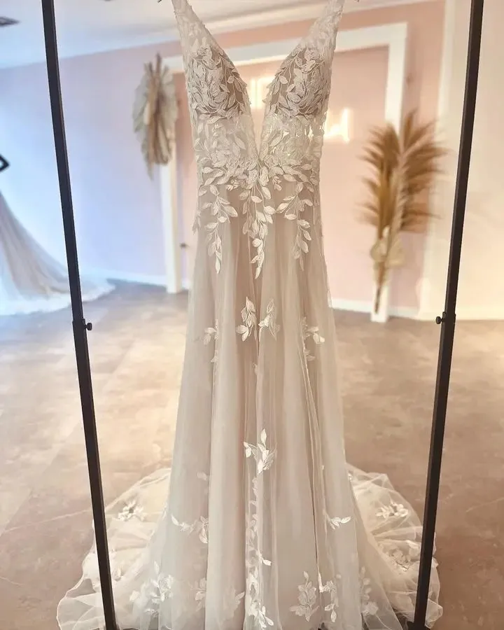 Light Champagne Boho Wedding Dress 2023 Lace Appliques Tulle Long Bridal Beach Wedding Gowns vestido de casamento princesa